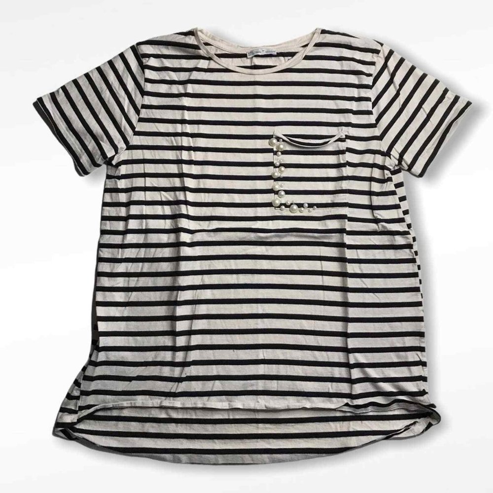 Zara Collection Pearl Studded Pocket Striped Short Sleeve Top Womens Size Large